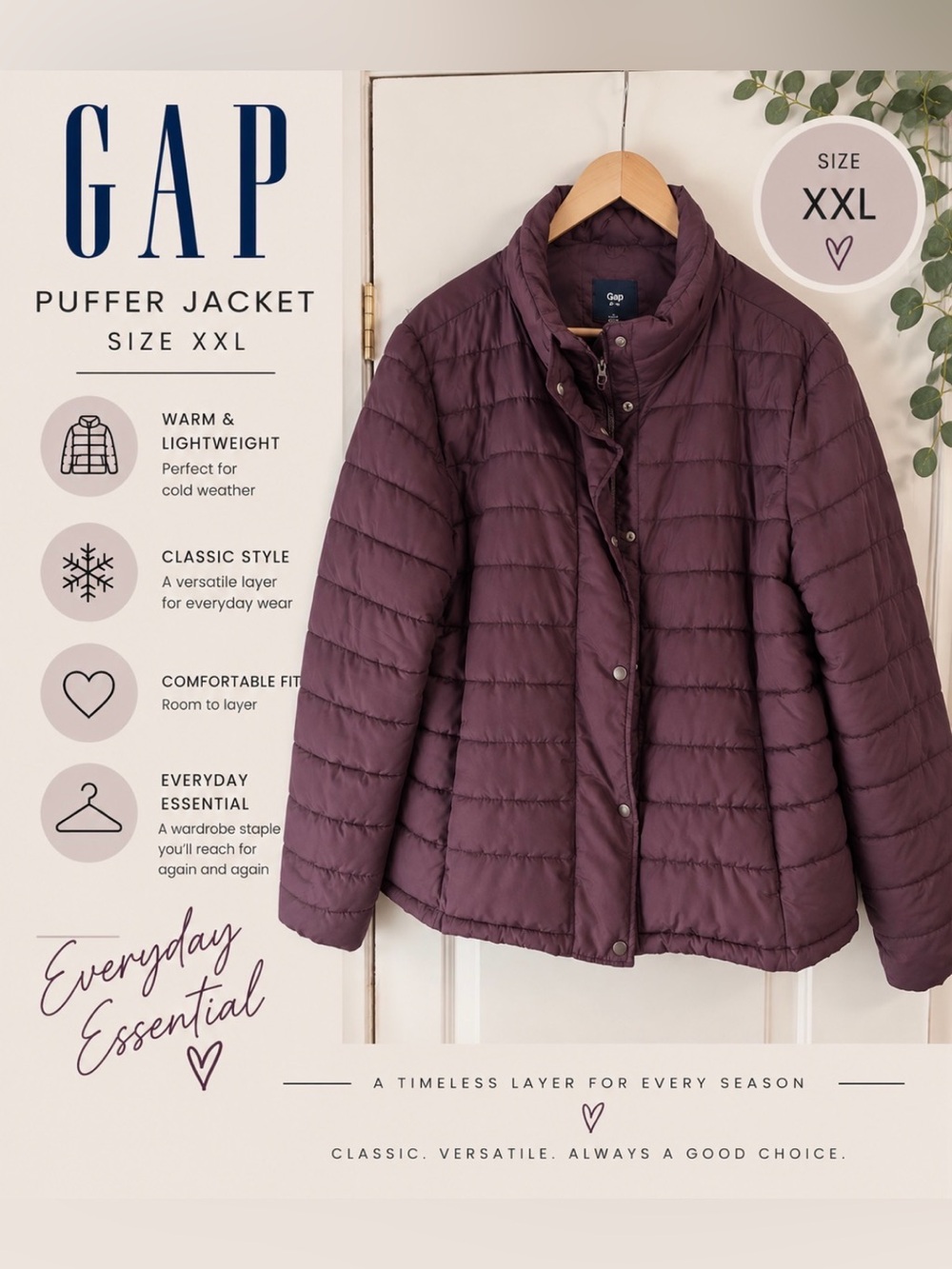 GAP Women's Quilted Puffer Jacket in Plum